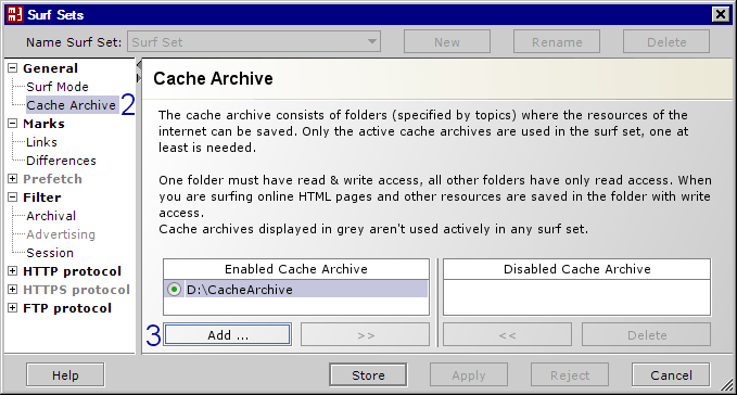 MM3-WebAssistant - Proxy Offline Browser: Dialog: Surf Set / Cache Archive
