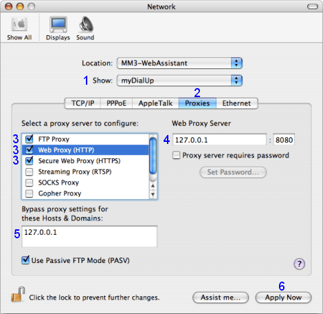 Mac OS X: Network / myDialUp / Proxies